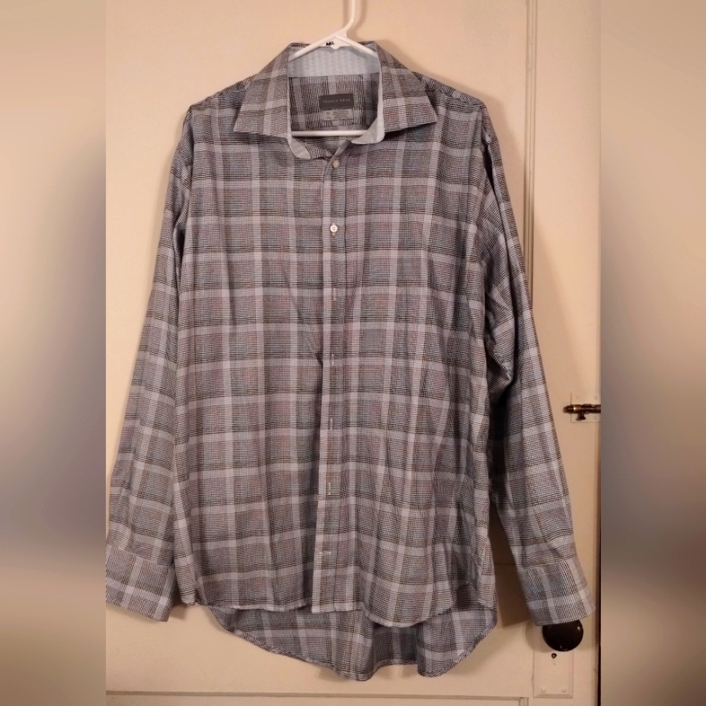 Thomas Dean, Men's Shirtmakers Cloth XXL Blue And Brown 100% Cotton Dress Shirt